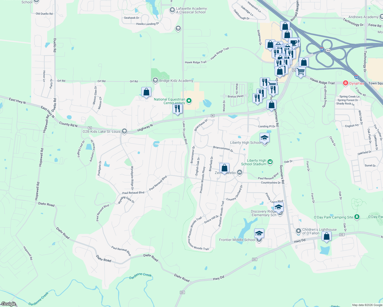 map of restaurants, bars, coffee shops, grocery stores, and more near 1713 Briarmanor Drive in Lake Saint Louis