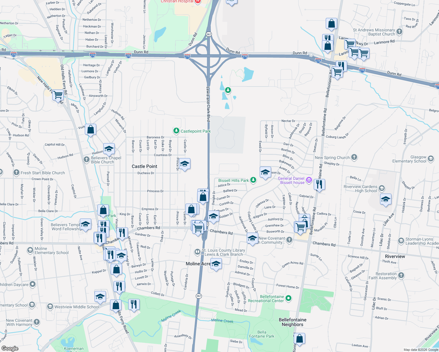 map of restaurants, bars, coffee shops, grocery stores, and more near 1525 Akron Dr in St Louis