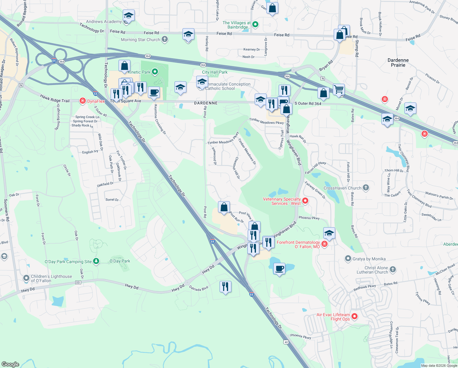 map of restaurants, bars, coffee shops, grocery stores, and more near 3701 Post Woods Court in O'Fallon
