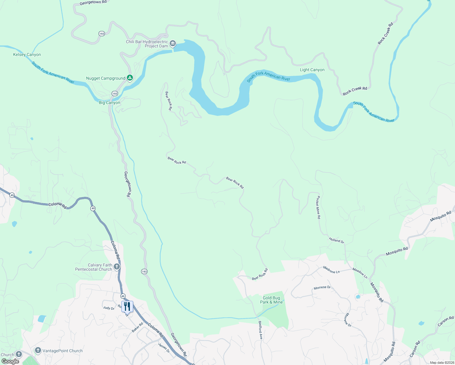map of restaurants, bars, coffee shops, grocery stores, and more near 2000 Bear Rock Road in Placerville