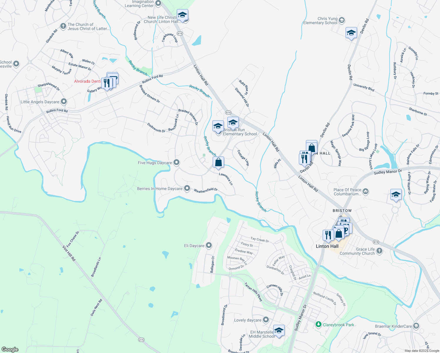 map of restaurants, bars, coffee shops, grocery stores, and more near 9107 Kearney Place in Bristow