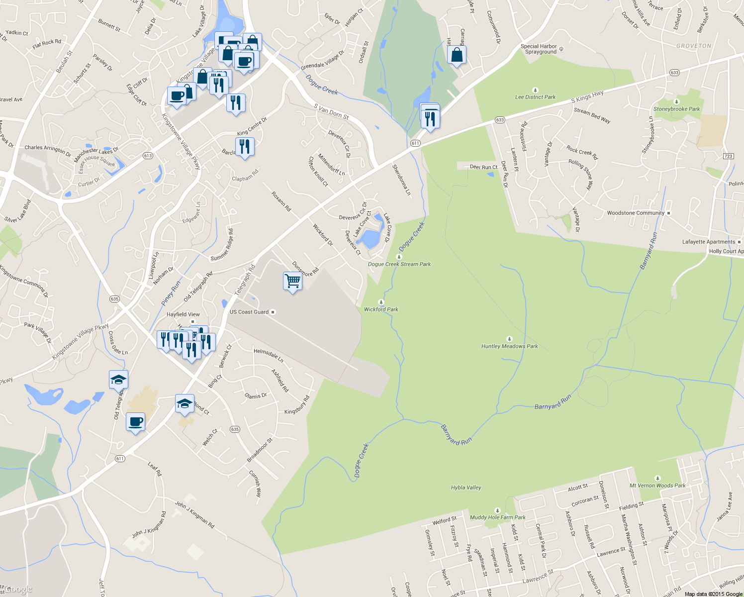 map of restaurants, bars, coffee shops, grocery stores, and more near 7331 Wickford Drive in Alexandria
