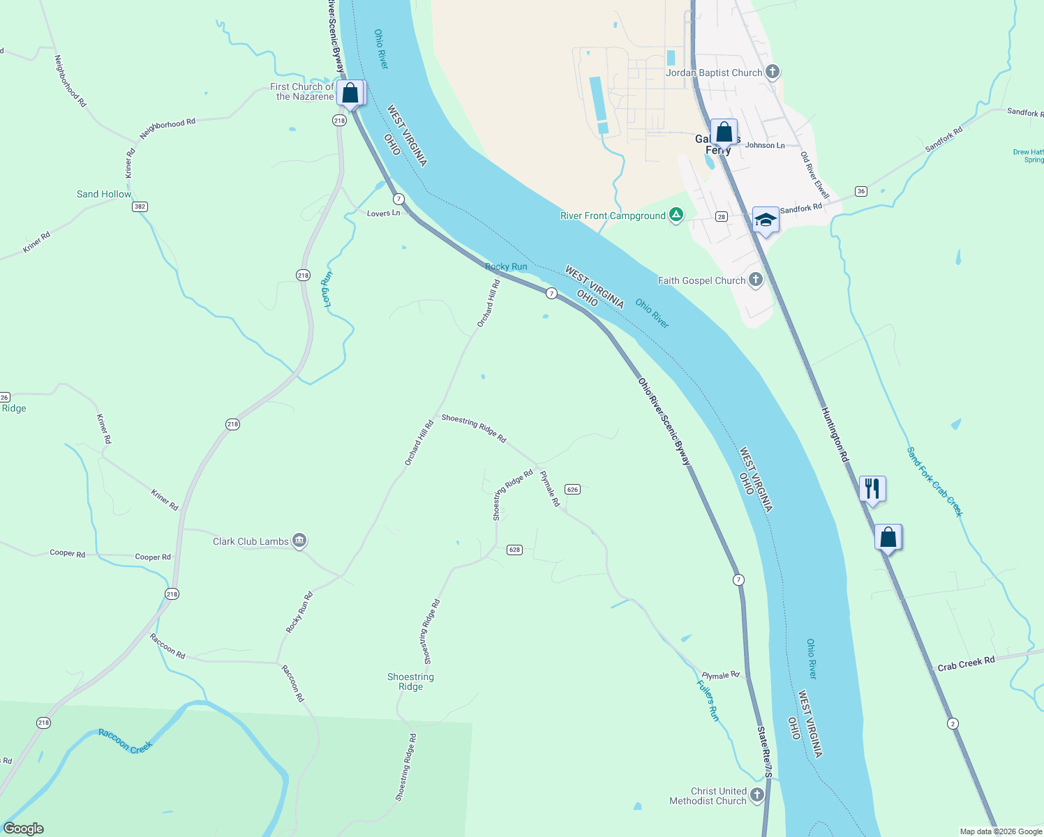map of restaurants, bars, coffee shops, grocery stores, and more near 151 Shoestring Ridge Road in Gallipolis