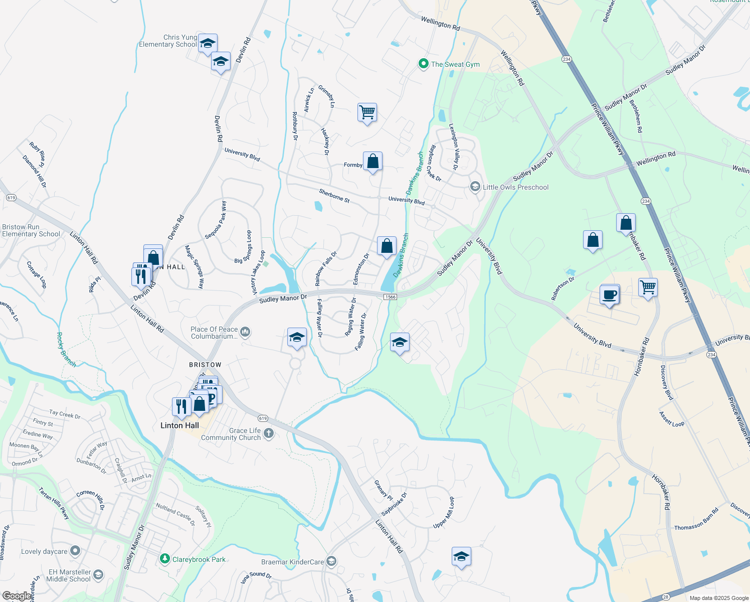 map of restaurants, bars, coffee shops, grocery stores, and more near 9404 Falling Water Drive in Bristow