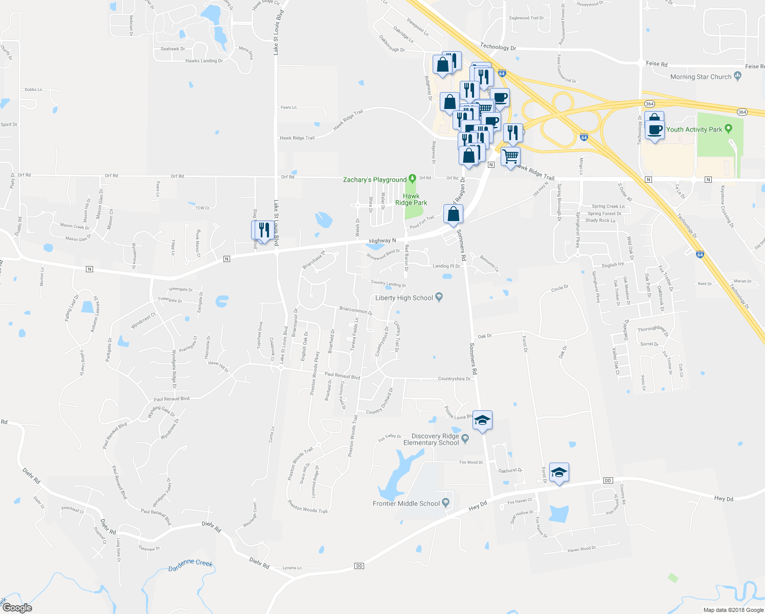 map of restaurants, bars, coffee shops, grocery stores, and more near 24 Country Heights Court in Lake Saint Louis