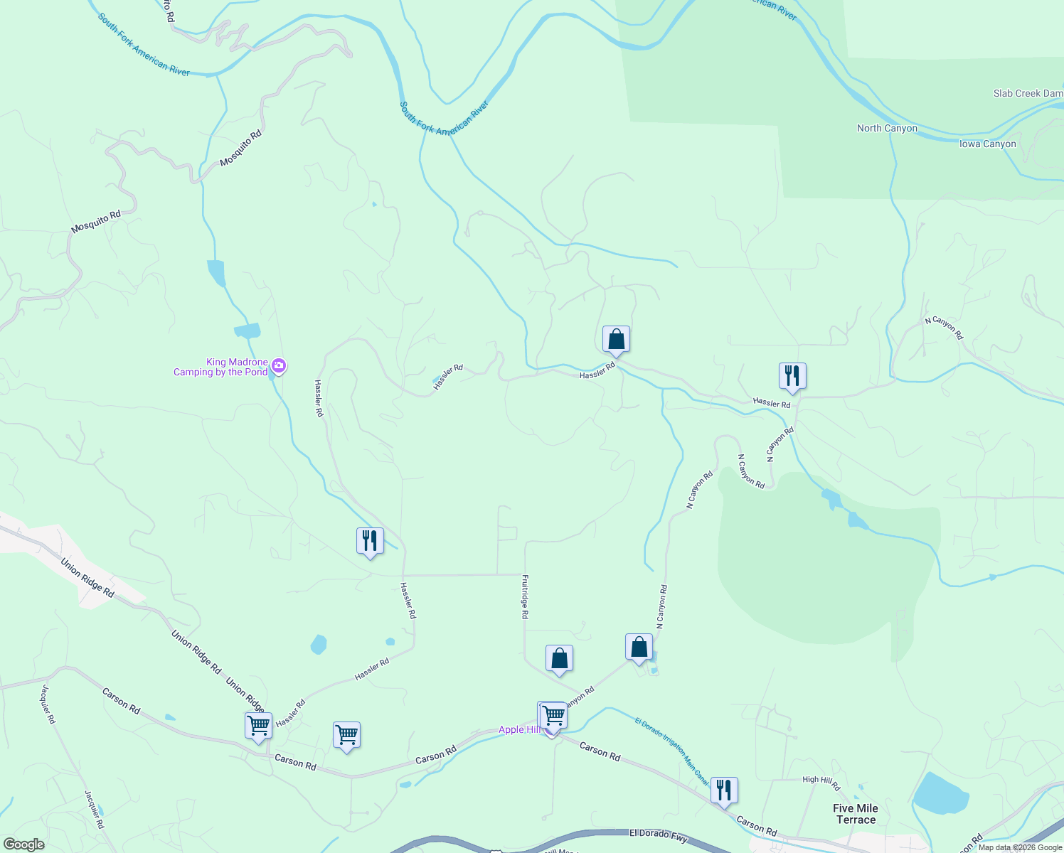 map of restaurants, bars, coffee shops, grocery stores, and more near 2640 Dancing Oaks Road in Camino