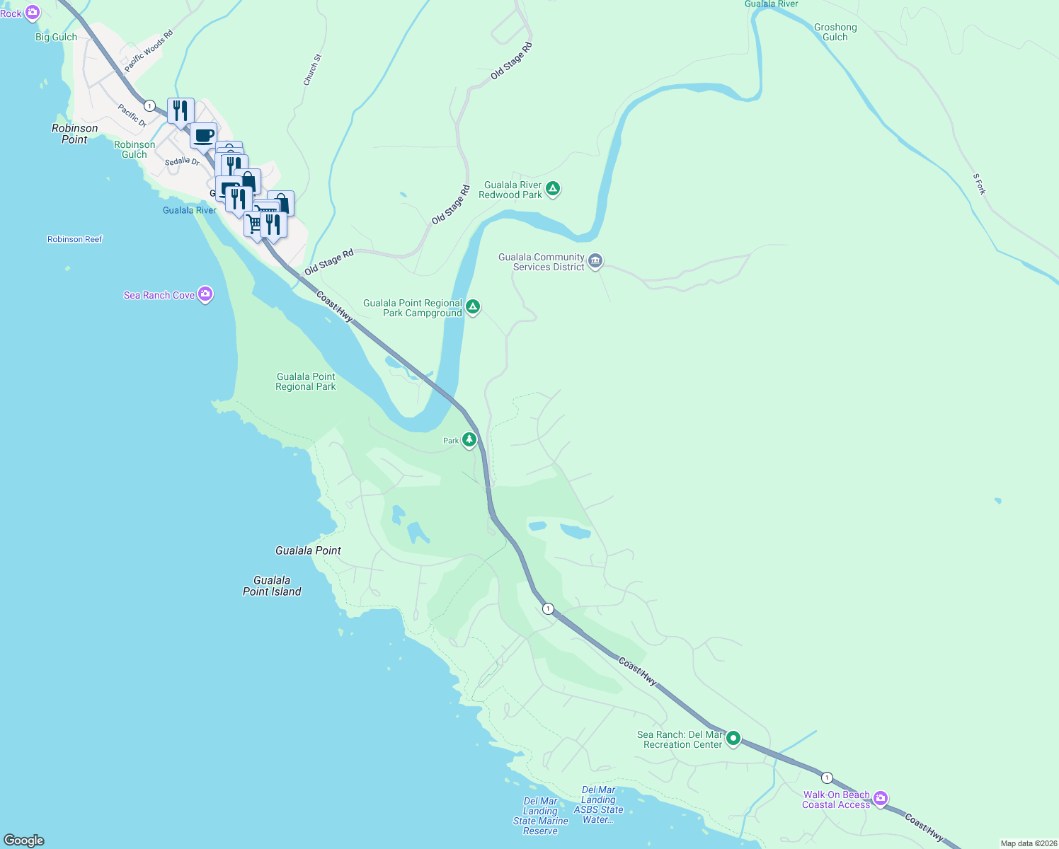 map of restaurants, bars, coffee shops, grocery stores, and more near 236 Badger in Sea Ranch