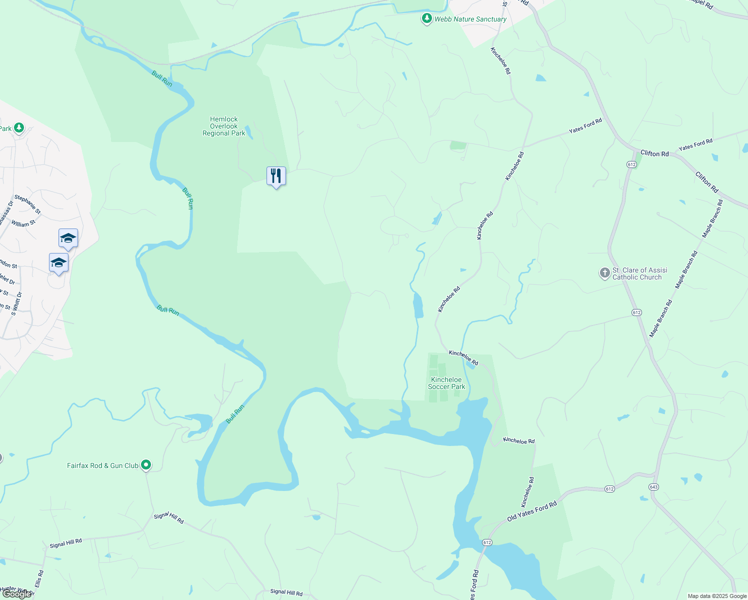 map of restaurants, bars, coffee shops, grocery stores, and more near 8041 Evans Ford Road in Clifton