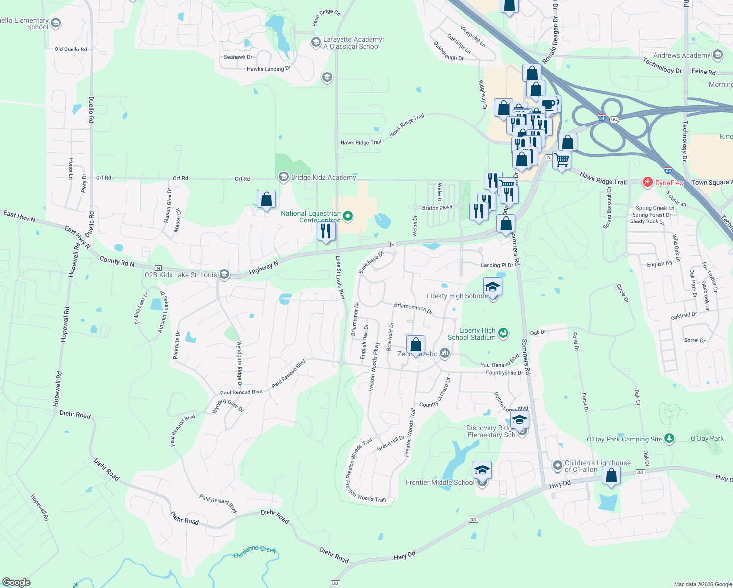 map of restaurants, bars, coffee shops, grocery stores, and more near 62 Briarchase Court in Lake Saint Louis