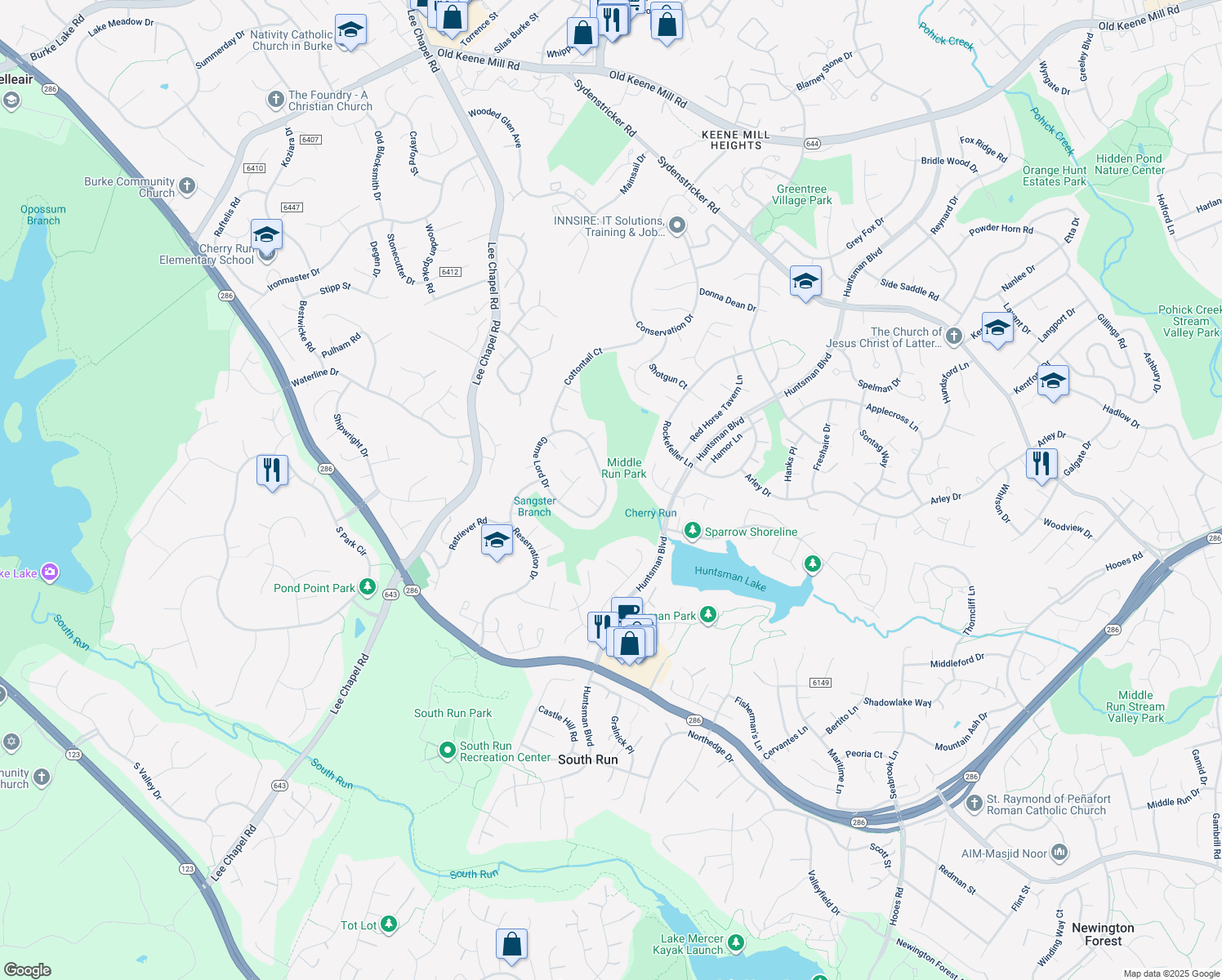 map of restaurants, bars, coffee shops, grocery stores, and more near 7149 Game Lord Drive in Springfield