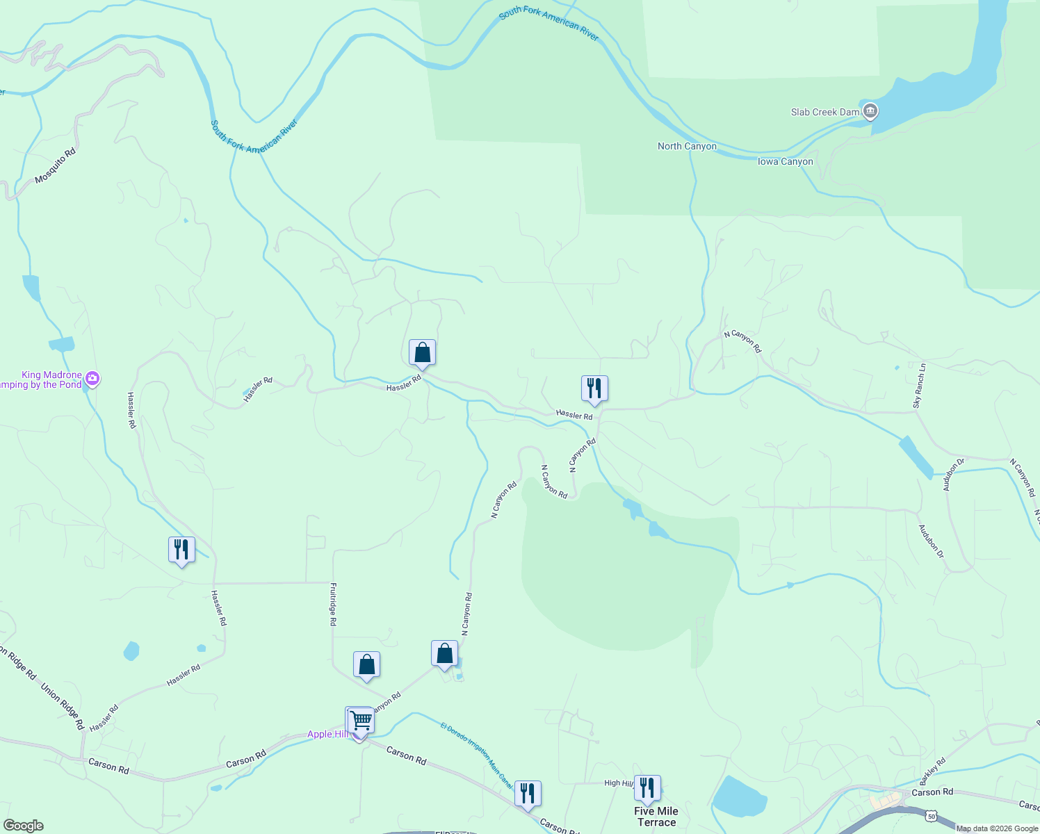 map of restaurants, bars, coffee shops, grocery stores, and more near 3300 Hassler Road in Camino
