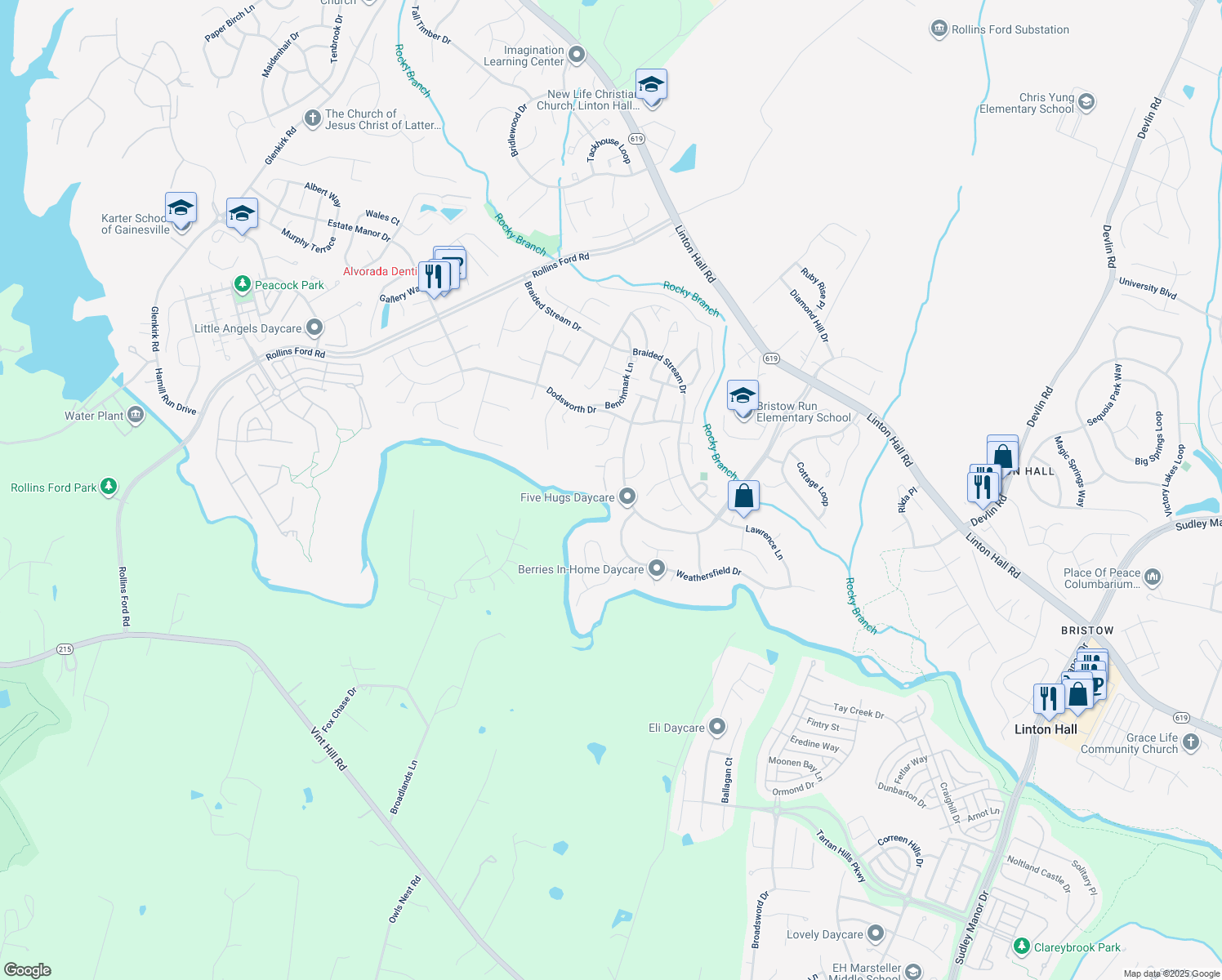 map of restaurants, bars, coffee shops, grocery stores, and more near 13579 Wyecrosse Court in Bristow