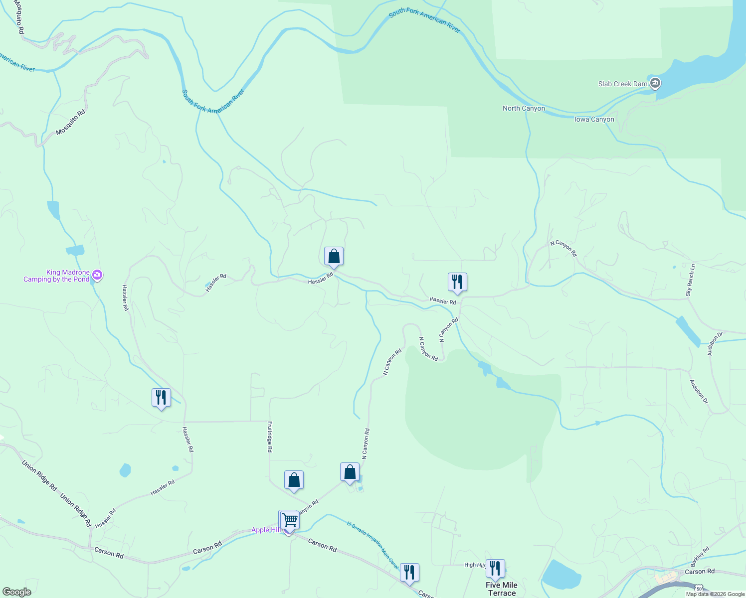 map of restaurants, bars, coffee shops, grocery stores, and more near 3300 Hassler Road in Camino