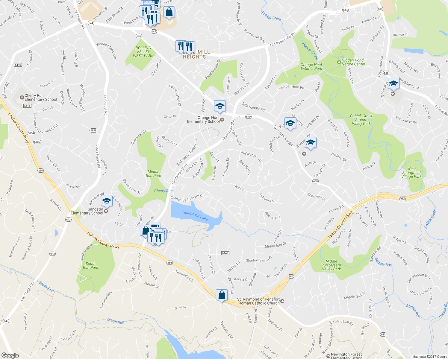 map of restaurants, bars, coffee shops, grocery stores, and more near 7131 Freshaire Drive in Springfield
