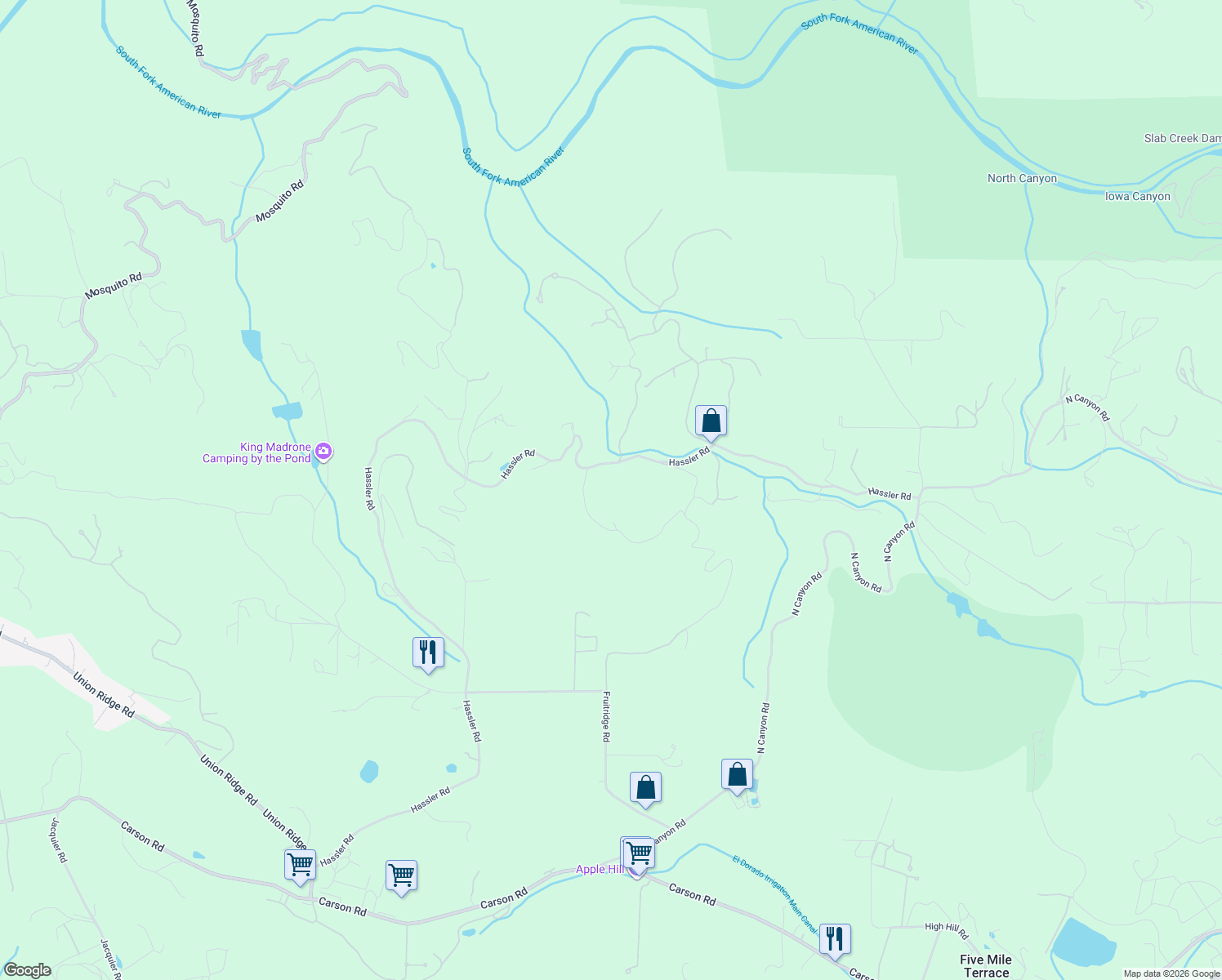 map of restaurants, bars, coffee shops, grocery stores, and more near 2640 Dancing Oaks Road in Camino