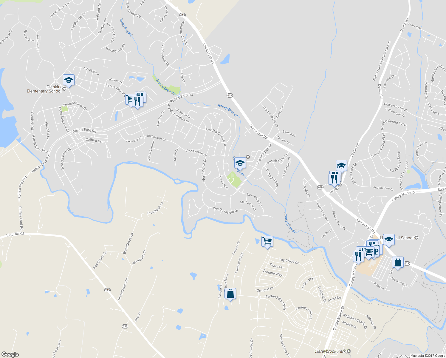 map of restaurants, bars, coffee shops, grocery stores, and more near 9121 Dartford Place in Bristow