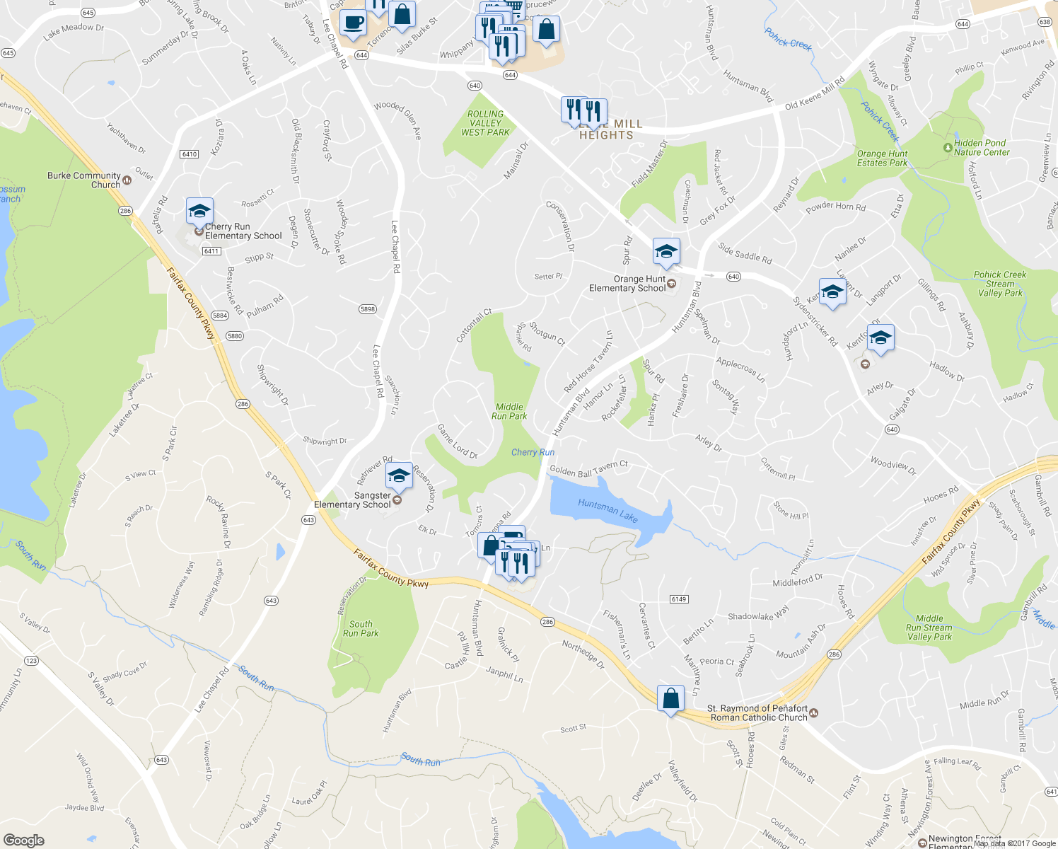 map of restaurants, bars, coffee shops, grocery stores, and more near 9211 Beachway Lane in Springfield