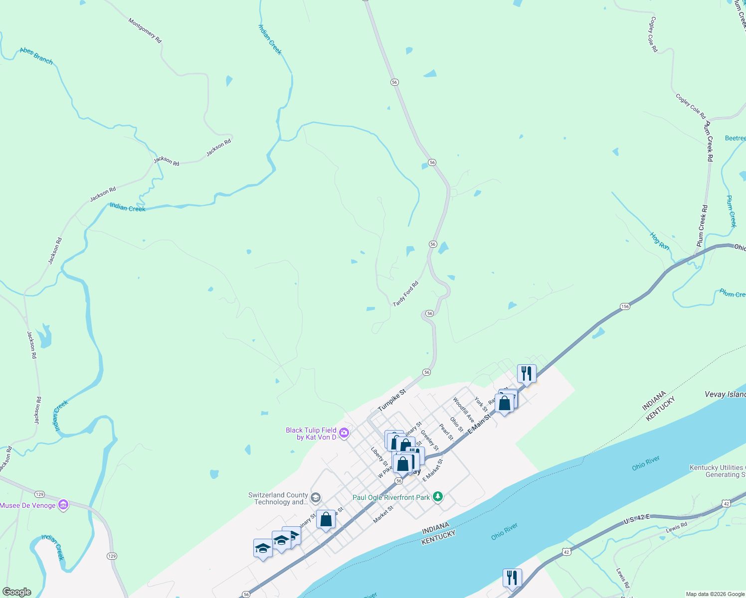 map of restaurants, bars, coffee shops, grocery stores, and more near 5413 Tardy Ford Road in Vevay