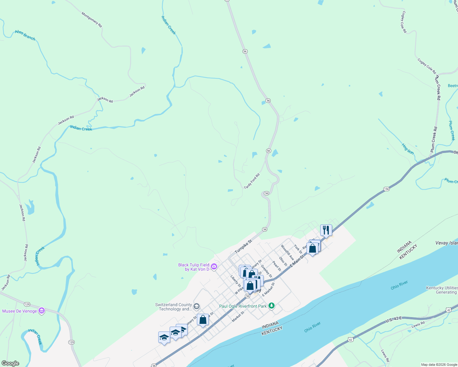 map of restaurants, bars, coffee shops, grocery stores, and more near 5413 Tardy Ford Road in Vevay