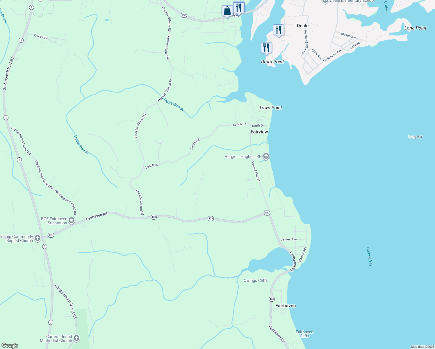 map of restaurants, bars, coffee shops, grocery stores, and more near 304 Fairhaven Road in Tracys Landing