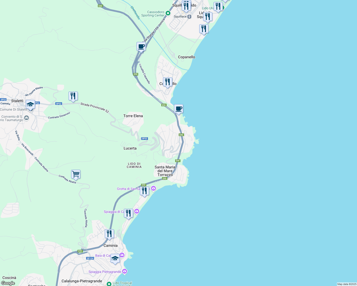 map of restaurants, bars, coffee shops, grocery stores, and more near 1 Via Conca d'Oro in Copanello