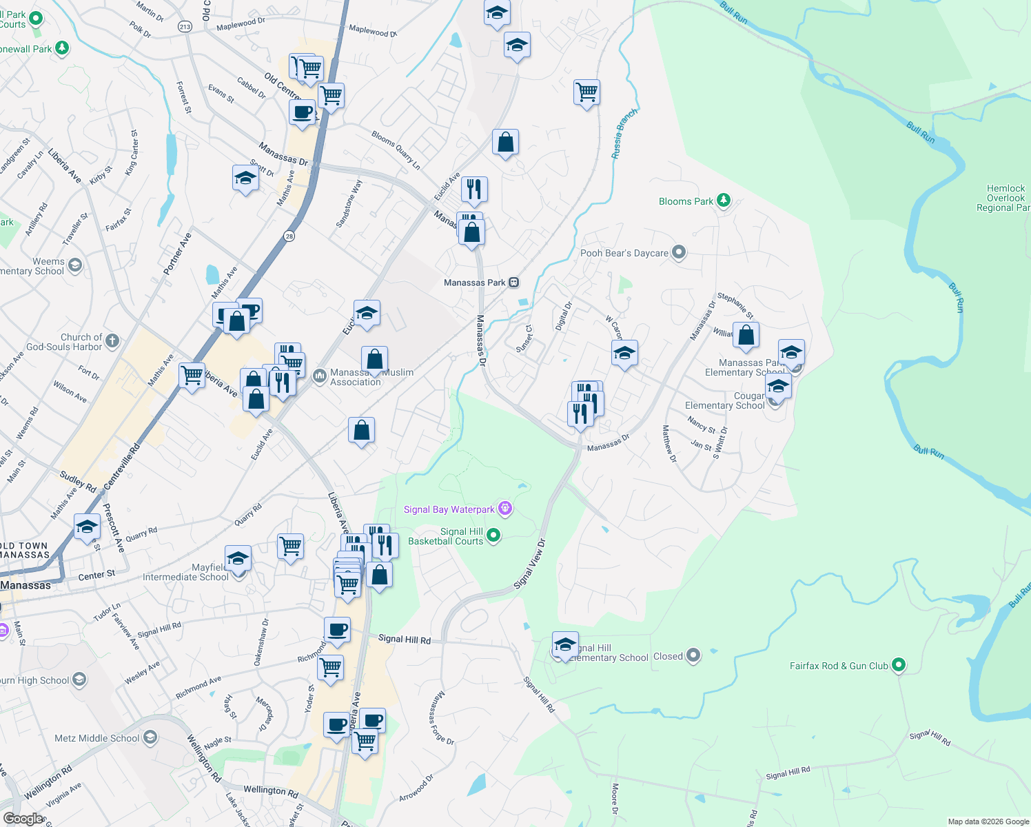 map of restaurants, bars, coffee shops, grocery stores, and more near 9481 Manassas Drive in Manassas