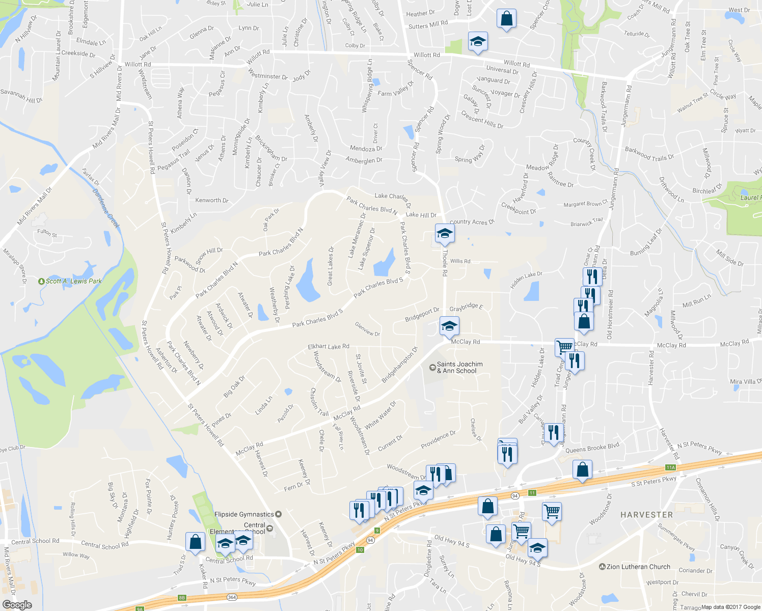 map of restaurants, bars, coffee shops, grocery stores, and more near 34 Lakemont Drive in Saint Charles