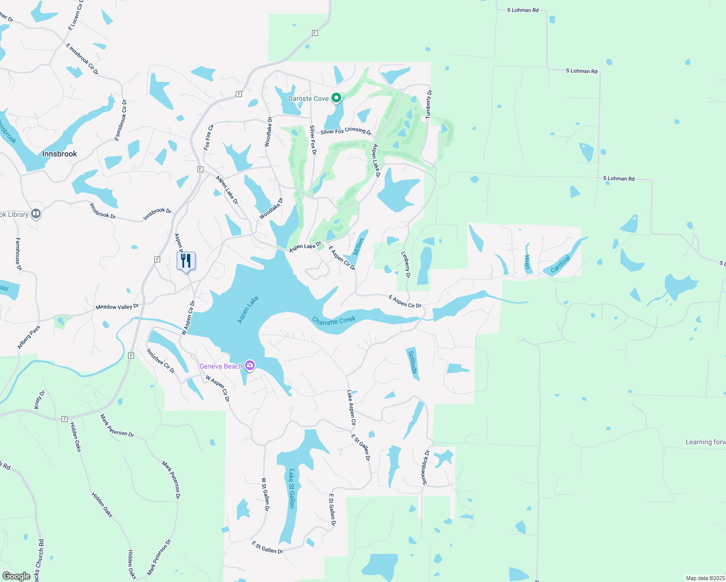 map of restaurants, bars, coffee shops, grocery stores, and more near 846 East Aspen Circle Drive in Innsbrook