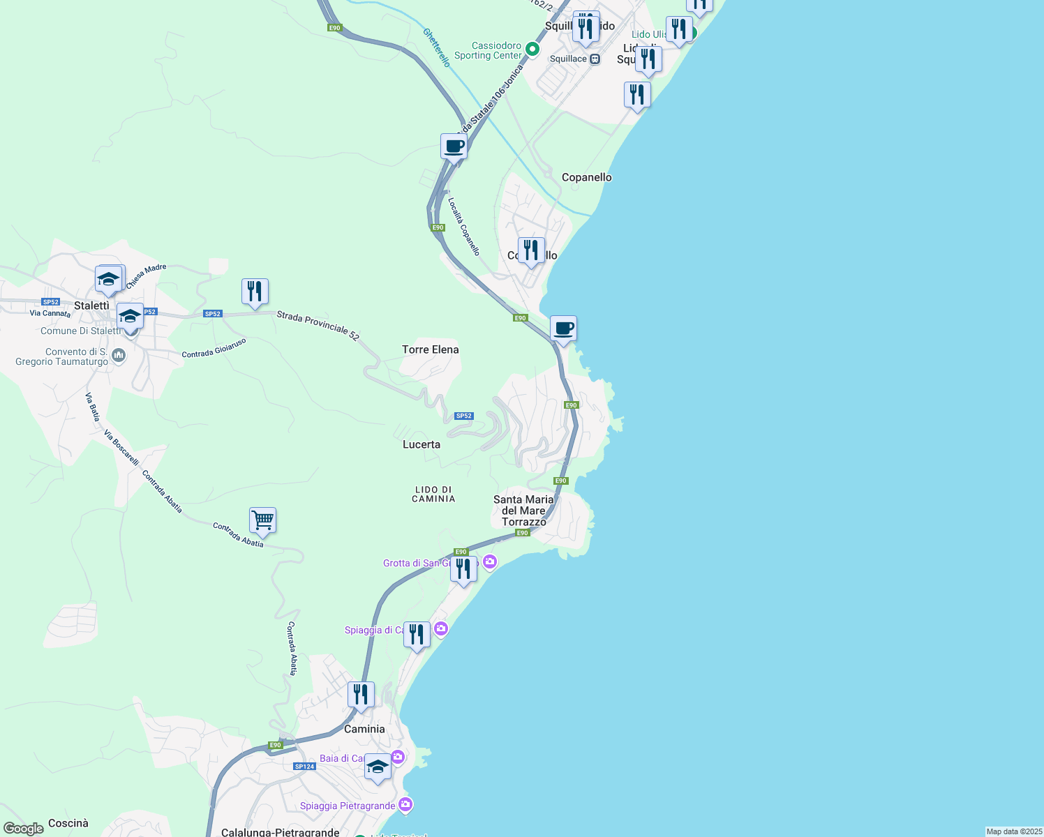 map of restaurants, bars, coffee shops, grocery stores, and more near 2 Via Serusi in Copanello
