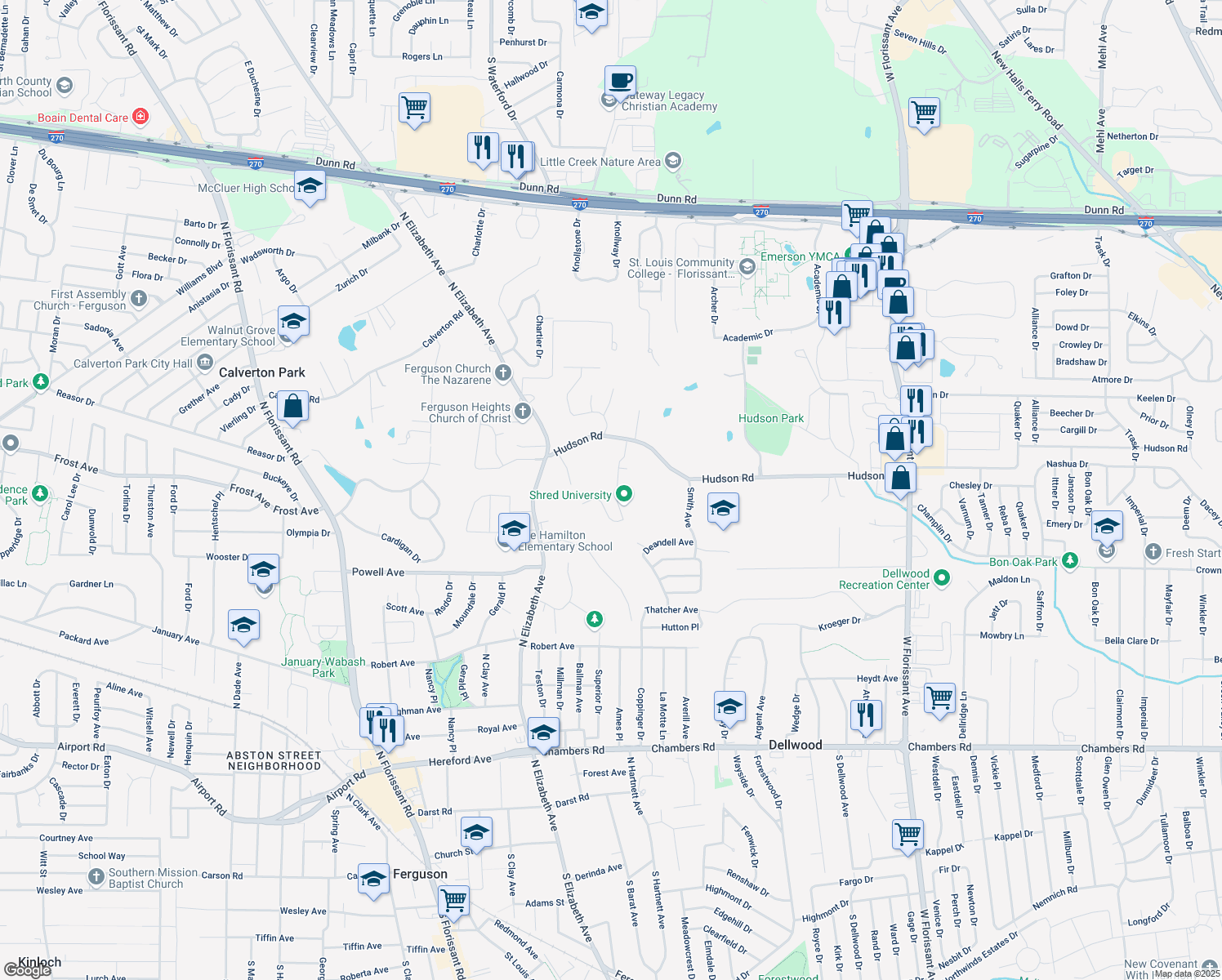 map of restaurants, bars, coffee shops, grocery stores, and more near 1107 Chatelet Drive in Ferguson