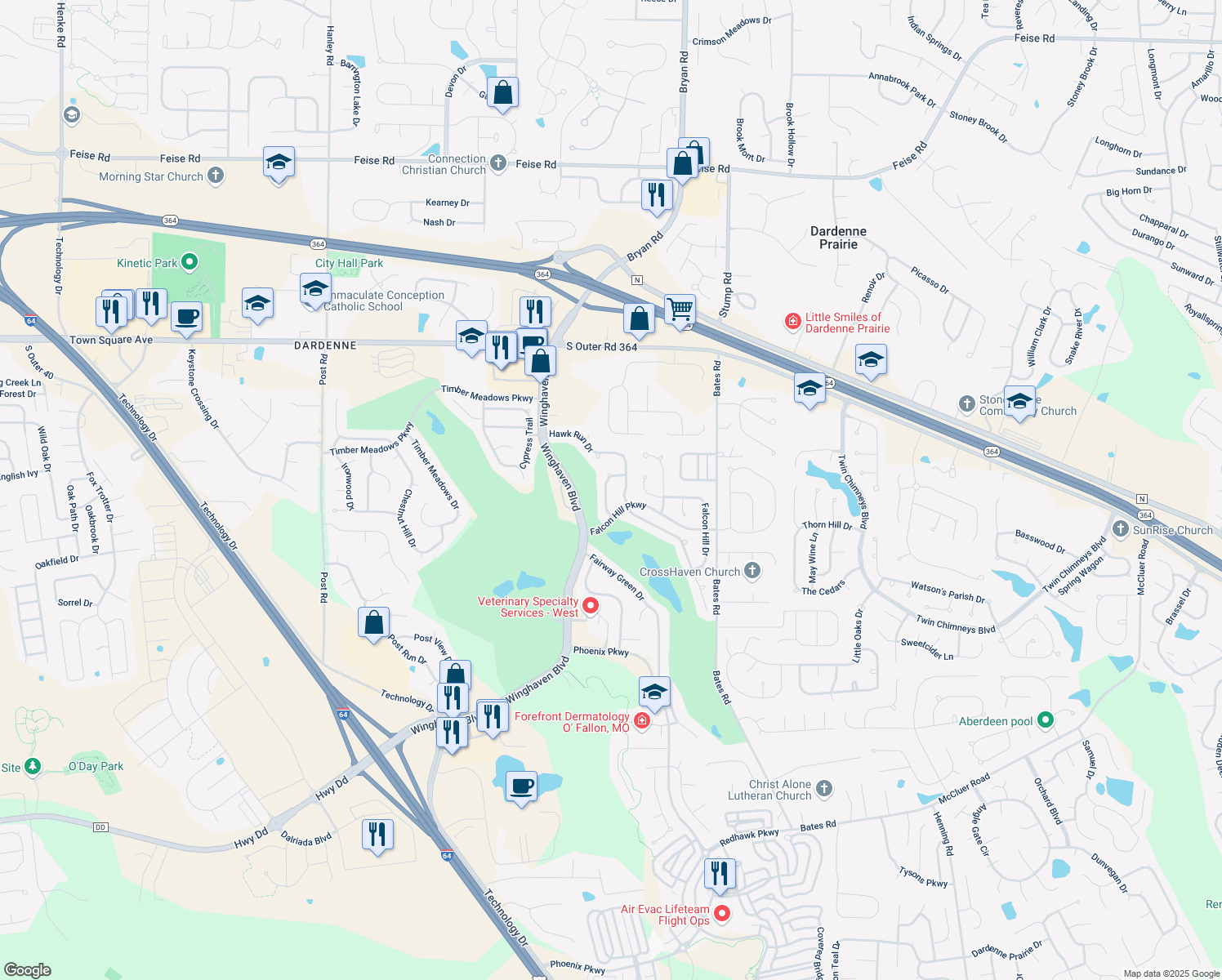 map of restaurants, bars, coffee shops, grocery stores, and more near 837 Hawk Run Trail in O'Fallon