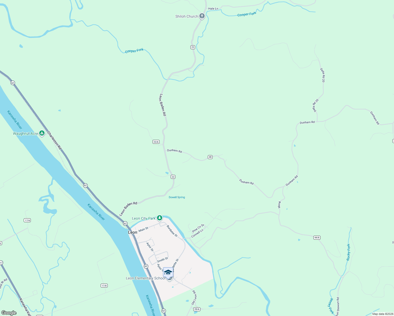 map of restaurants, bars, coffee shops, grocery stores, and more near 597 Dunham Road in Leon