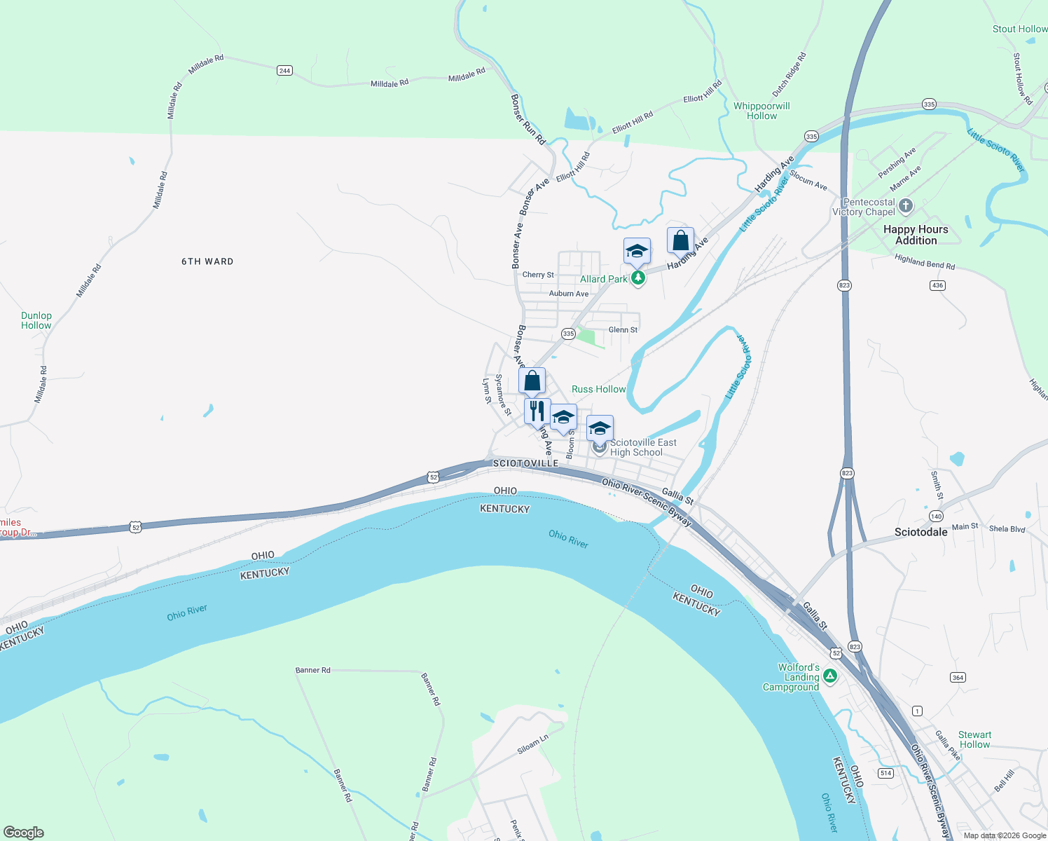 map of restaurants, bars, coffee shops, grocery stores, and more near 5412 Winchester Avenue in Portsmouth