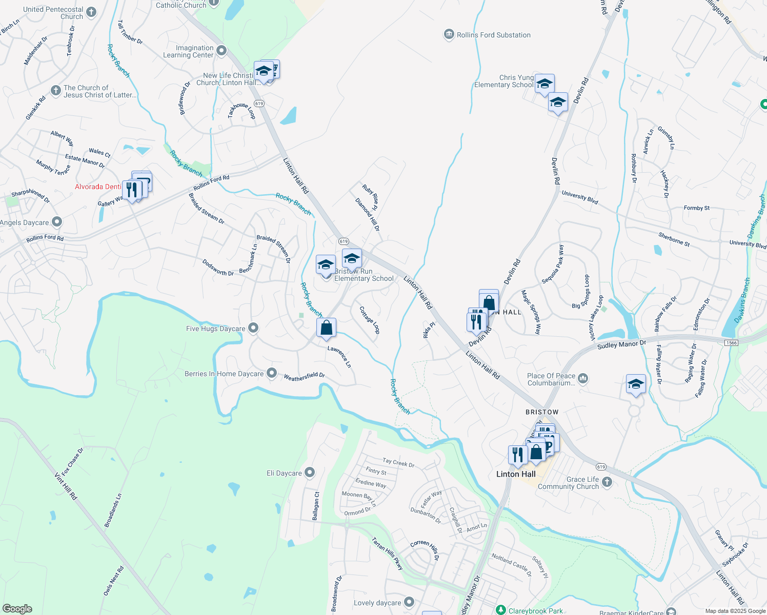 map of restaurants, bars, coffee shops, grocery stores, and more near 13231 Golders Green Place in Bristow