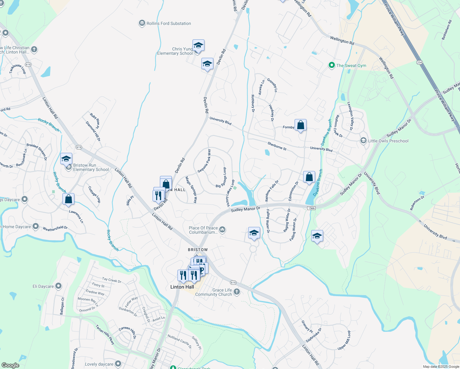 map of restaurants, bars, coffee shops, grocery stores, and more near 12617 Victory Lakes Loop in Bristow