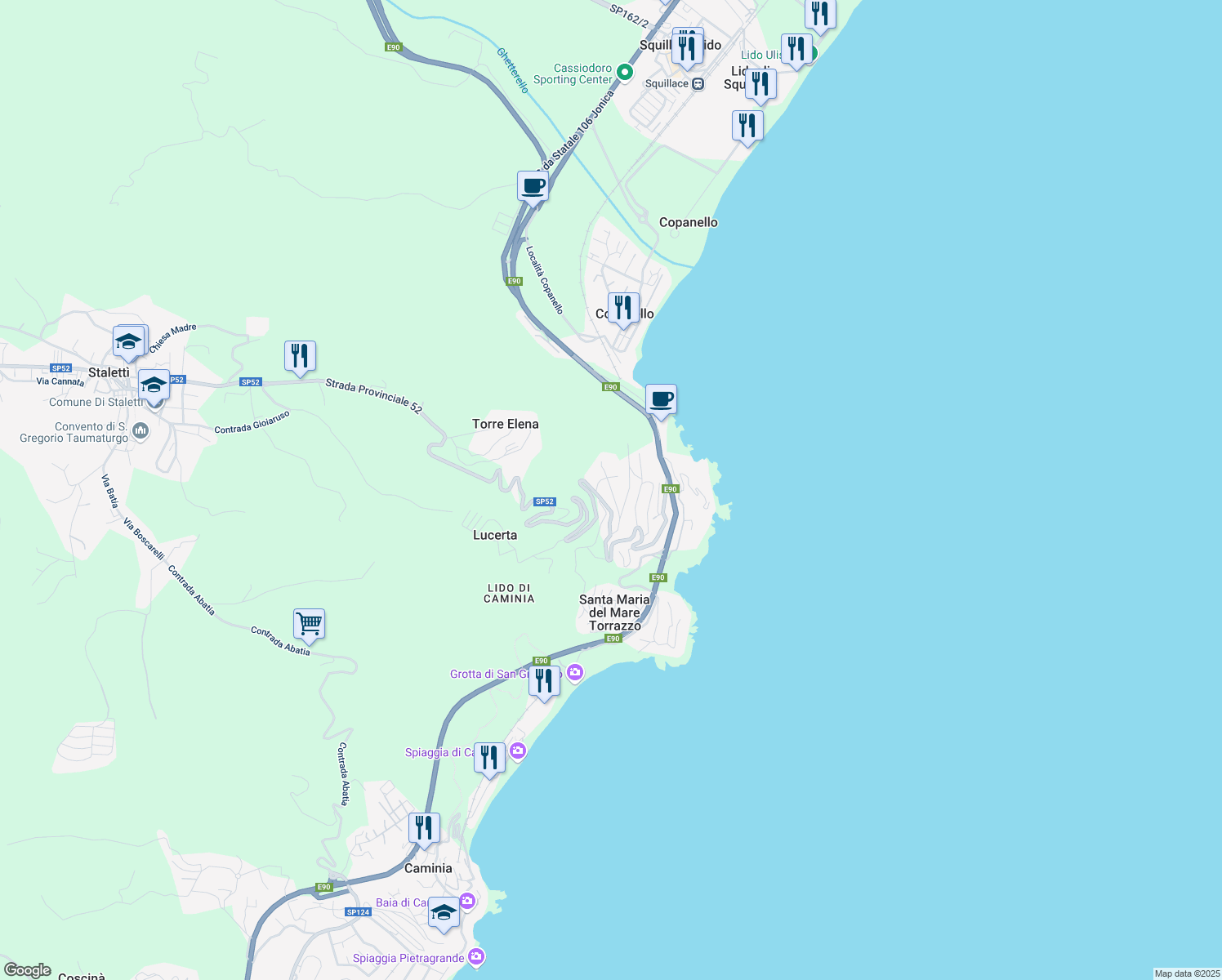 map of restaurants, bars, coffee shops, grocery stores, and more near 2 Via Serusi in Copanello