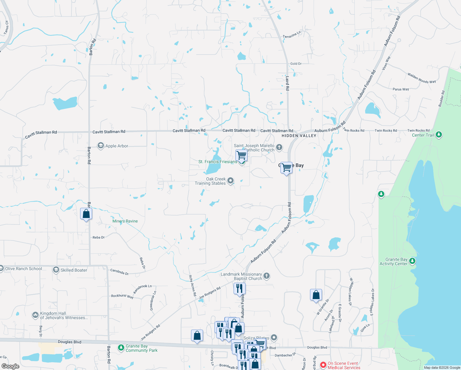 map of restaurants, bars, coffee shops, grocery stores, and more near 6900 Rancho Los Pavos Lane in Granite Bay