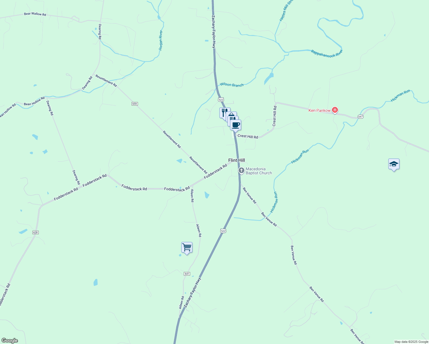 map of restaurants, bars, coffee shops, grocery stores, and more near 930 Fodderstack Road in Flint Hill