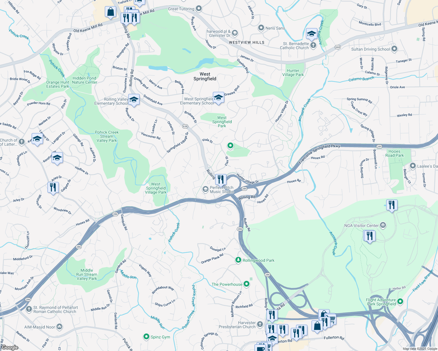 map of restaurants, bars, coffee shops, grocery stores, and more near 7936 Wentworth Pl in Springfield