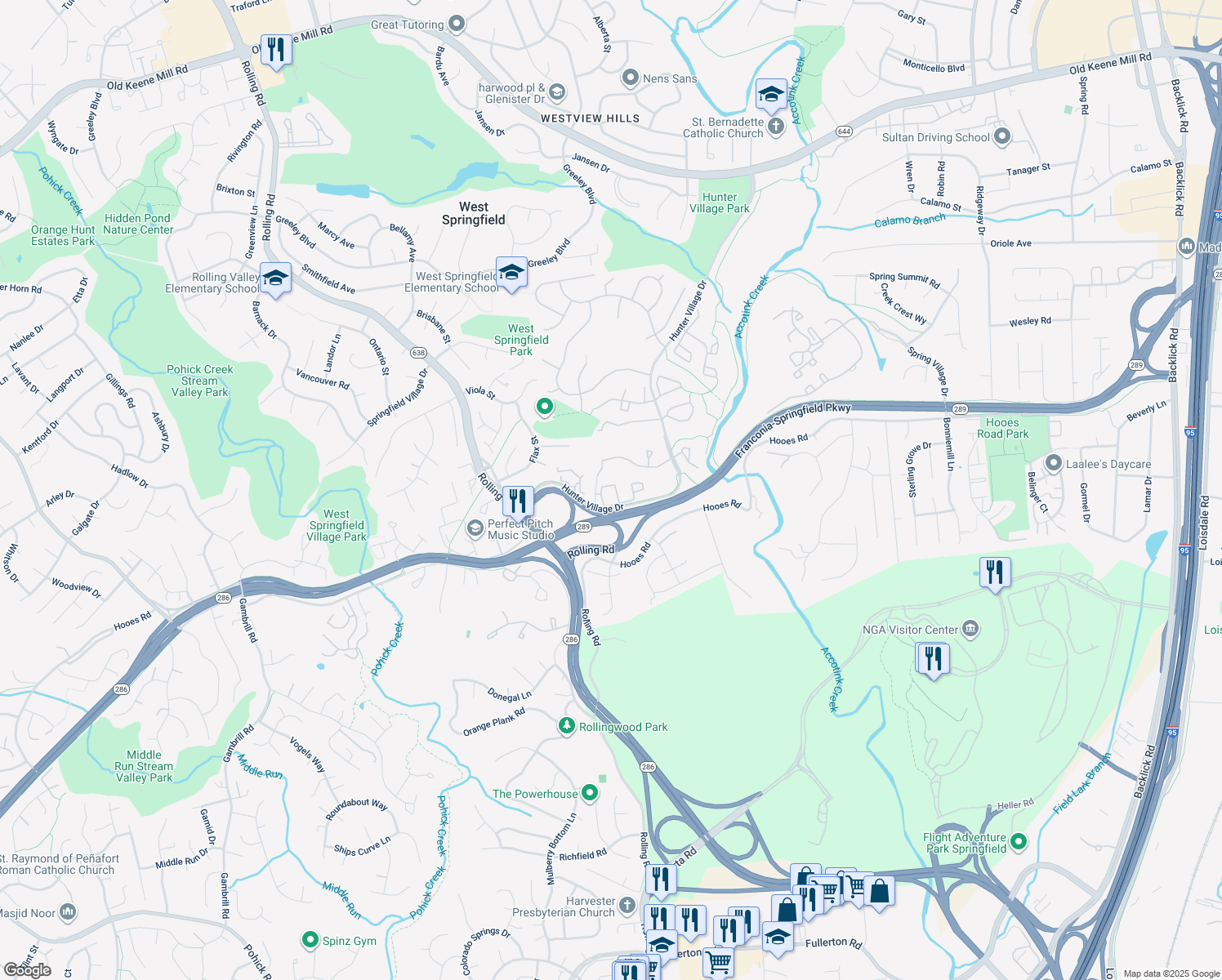 map of restaurants, bars, coffee shops, grocery stores, and more near 7827 Harrowgate Cir in Springfield