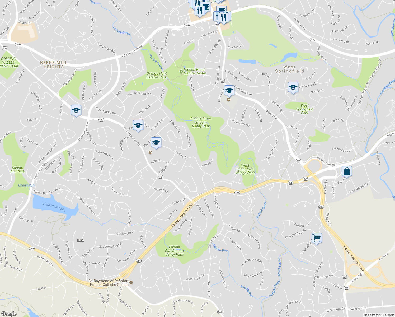 map of restaurants, bars, coffee shops, grocery stores, and more near 7214 Hadlow Drive in Springfield