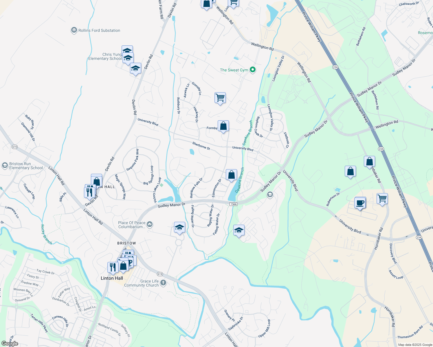 map of restaurants, bars, coffee shops, grocery stores, and more near 12253 Tulane Falls Drive in Bristow