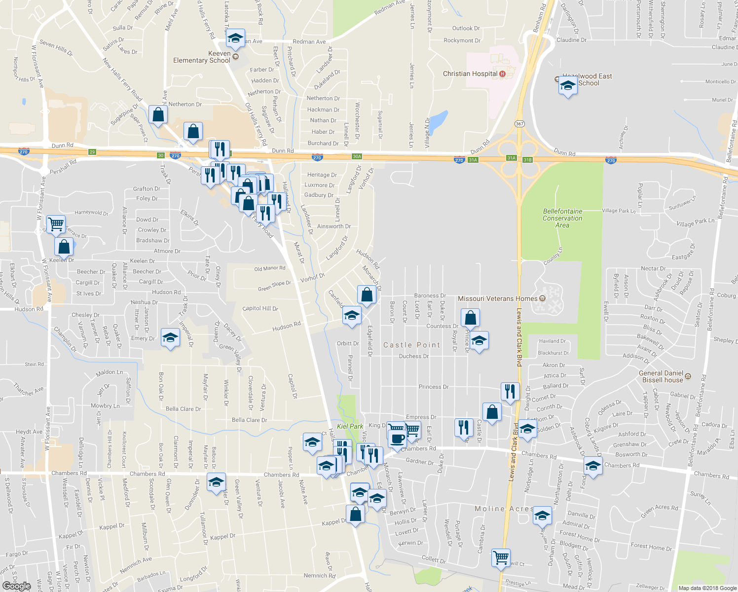 map of restaurants, bars, coffee shops, grocery stores, and more near 2330 Hudson Road in St. Louis