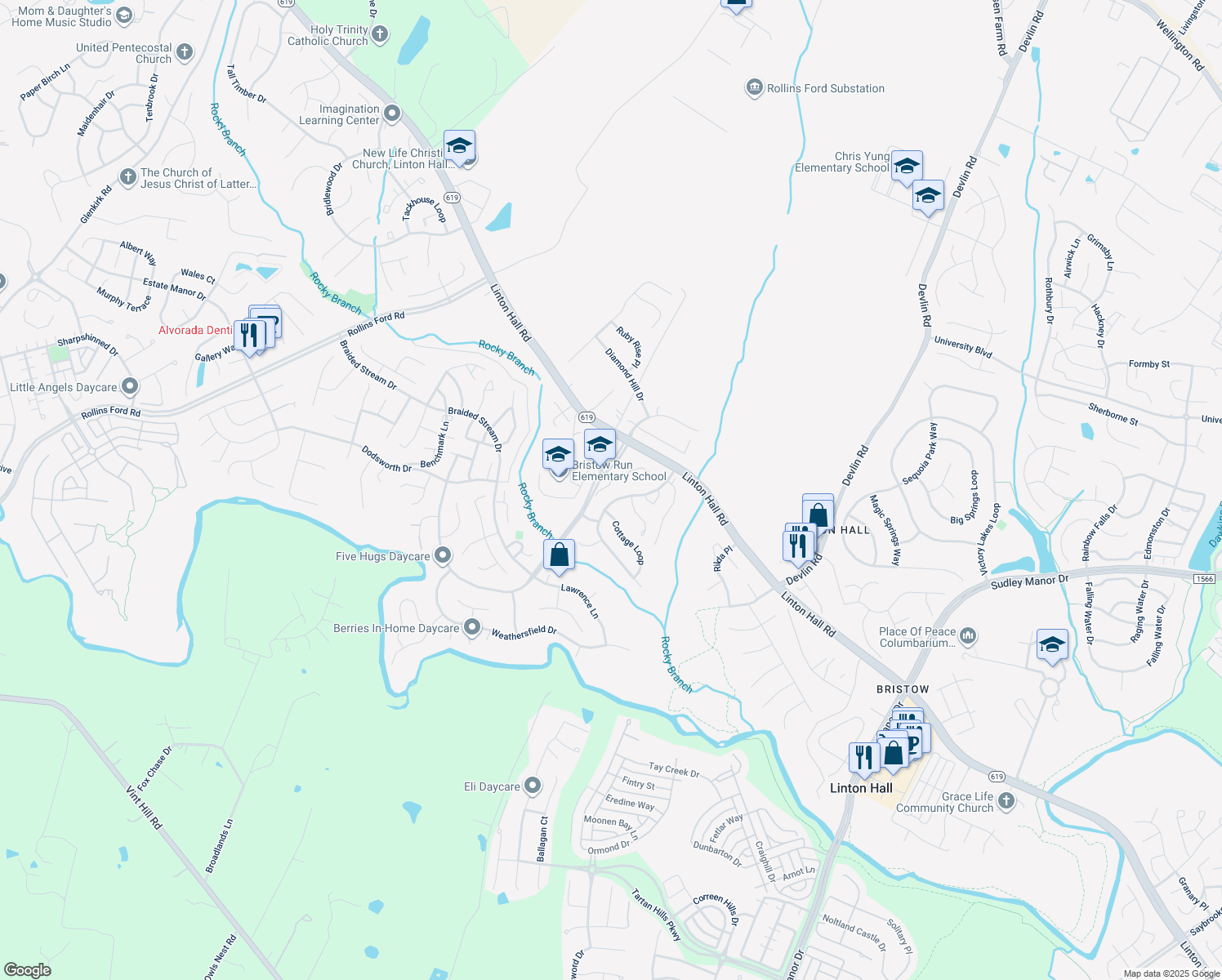 map of restaurants, bars, coffee shops, grocery stores, and more near 13205 Flynn Court in Bristow