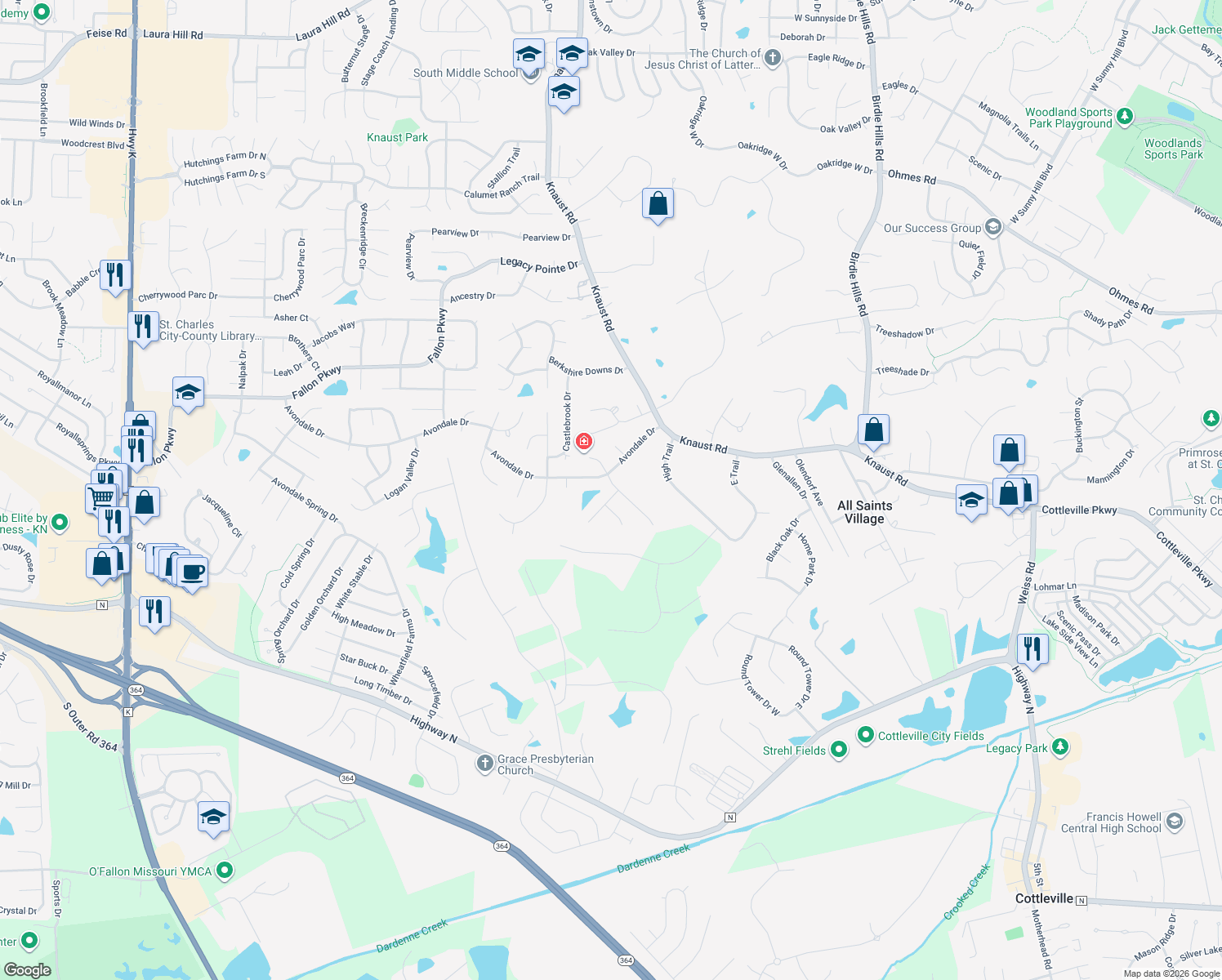 map of restaurants, bars, coffee shops, grocery stores, and more near 732 Sheffield Chase Drive in St. Peters