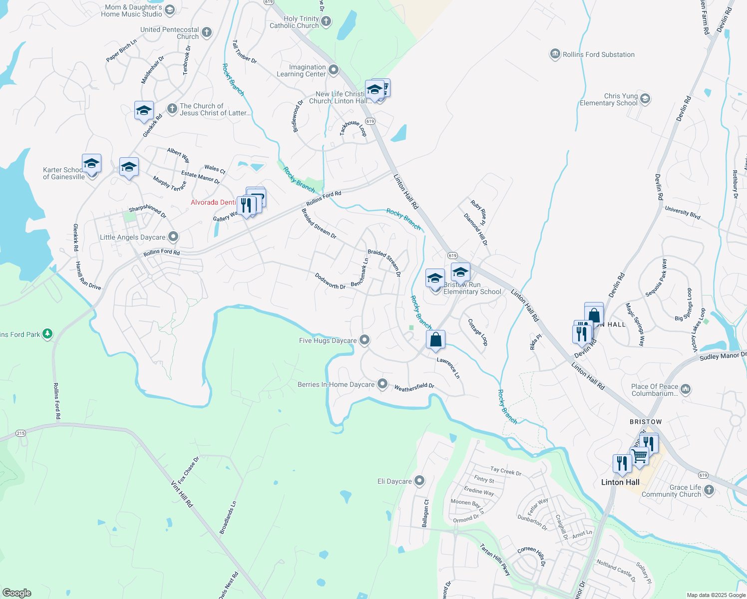 map of restaurants, bars, coffee shops, grocery stores, and more near 13521 Dodsworth Drive in Bristow