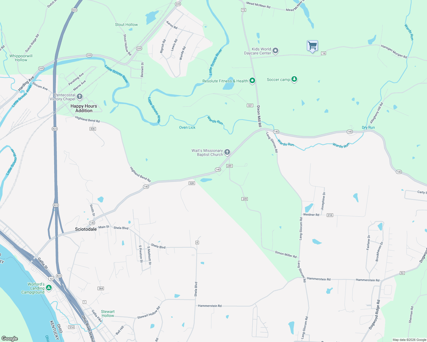 map of restaurants, bars, coffee shops, grocery stores, and more near 1731 Ohio 140 in Portsmouth