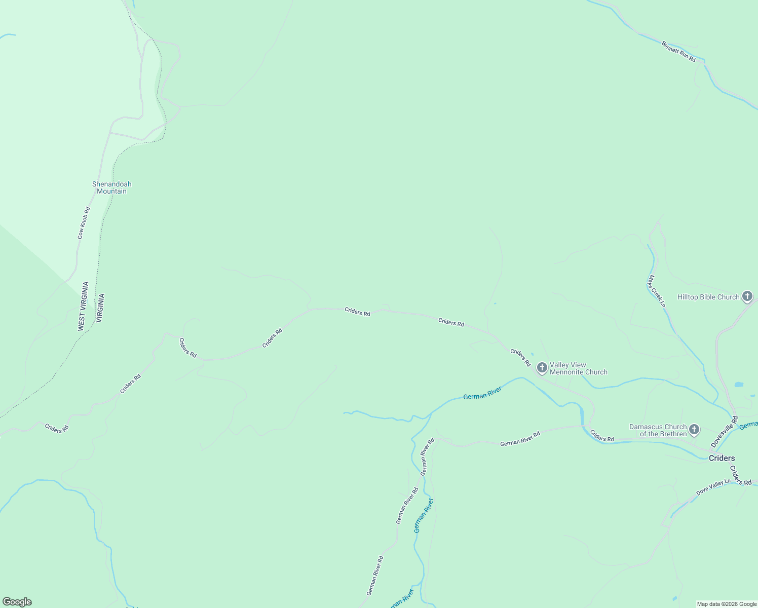 map of restaurants, bars, coffee shops, grocery stores, and more near 22590 Criders Road in Criders