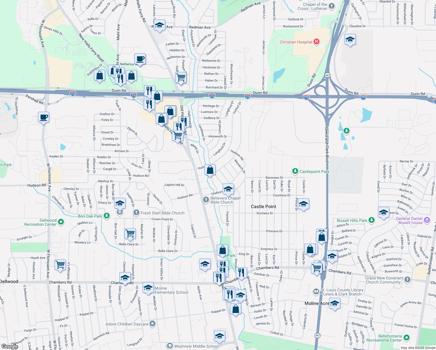 map of restaurants, bars, coffee shops, grocery stores, and more near 10452 Canfield Drive in Saint Louis
