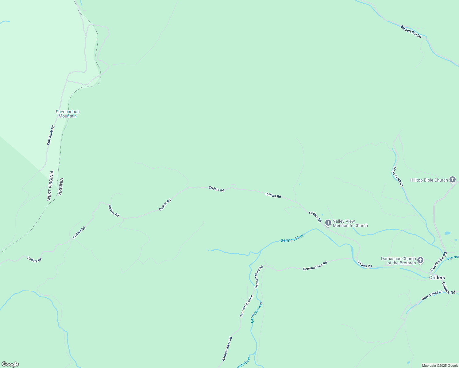 map of restaurants, bars, coffee shops, grocery stores, and more near 22590 Criders Road in Criders